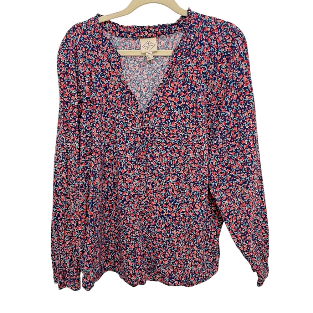 St. John's Bay Blouse Womens XXL Navy Blue Floral Ruffle Split Neck‎ Long Sleeve